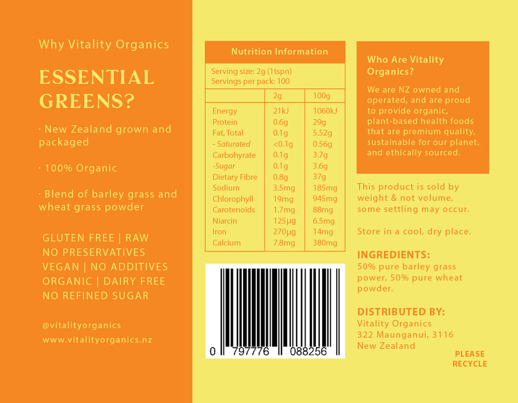 Essential Greens Barley Grass Wheat Grass Vitality Organics